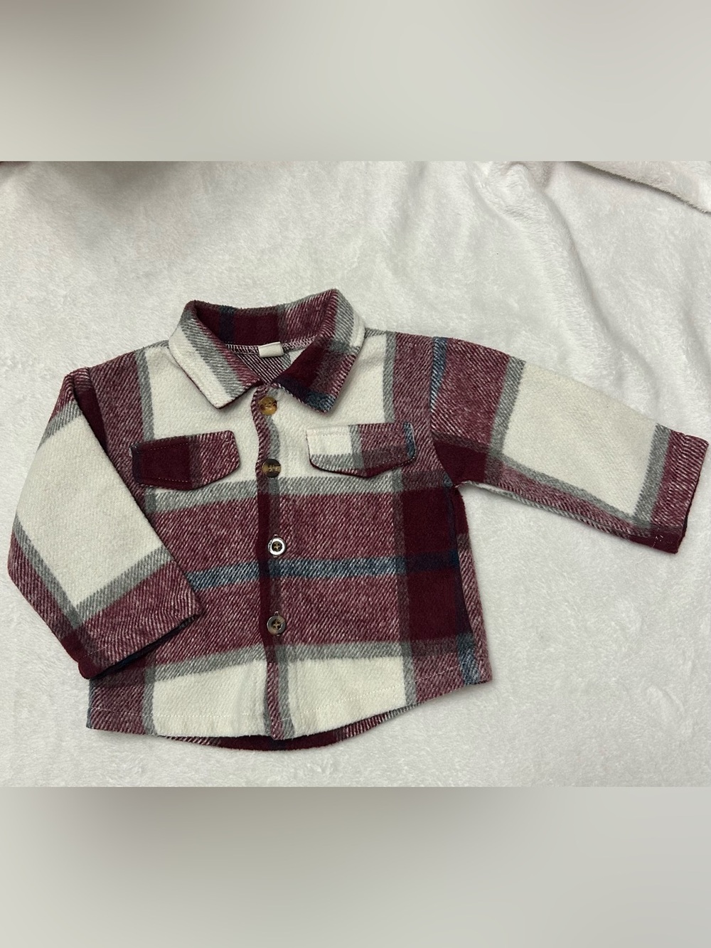 SHEIN 12-18 months cabin cozy Burgundy & Cream Plaid Button-Down Shacket - Picture 3 of 6